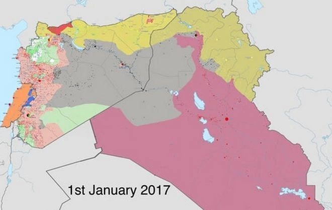 ISIS: Με γκρι χρώμα τα εδάφη που κατείχε 1/1/2017 – Τι κατέχει ένα χρόνο μετά